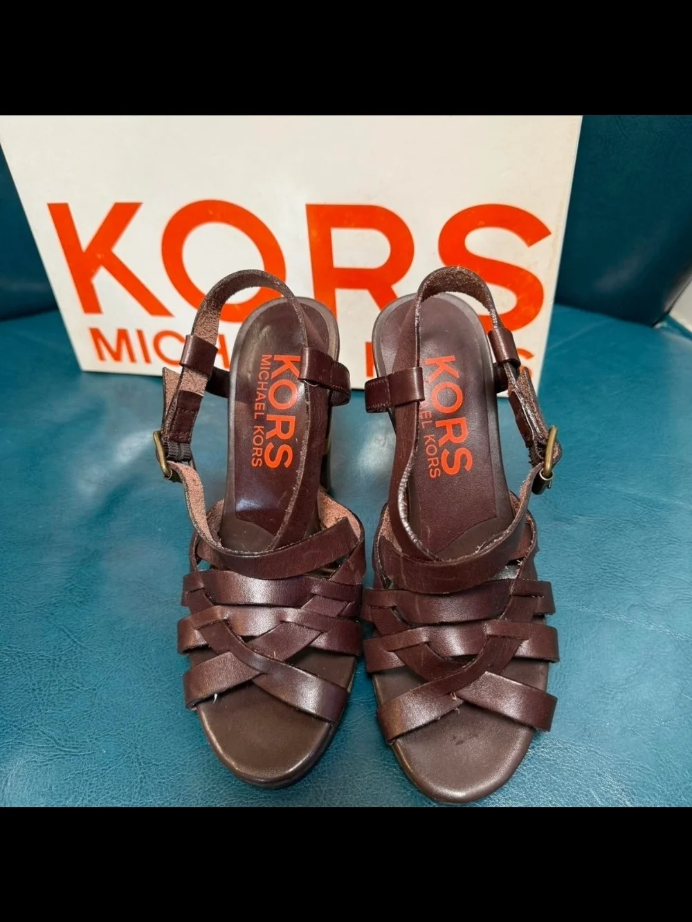 Brand New!MICHAEL KORS Brown Leather Strappy Heel Sandals with Camouflage Detail